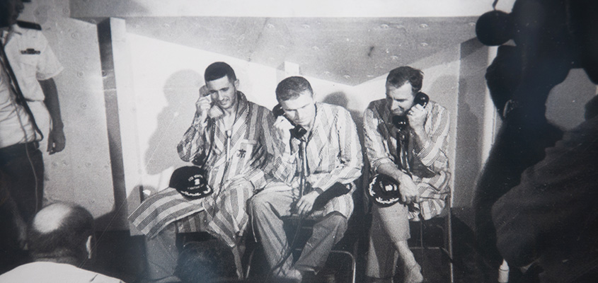 Did you know the USS Yorktown was the recovery ship for the Apollo-8, the first manned orbital mission to the moon? The three-man crew splashed back down to earth in the Pacific southwest of Hawaii in December of 1968. Here the astronauts take a break from medical tests to chat with President Johnson. &copy; 2016 Audra L. Gibson.