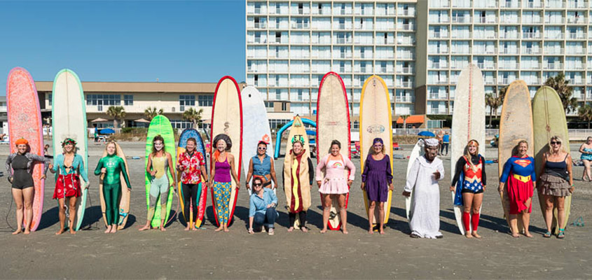 Folly Beach Wahine Halloween Surfing Event. Yes. It is hard to surf in a hot dog costume. No. It is not what caused my surfing injury. Photo: &copy; 2016 Michael Johnson.