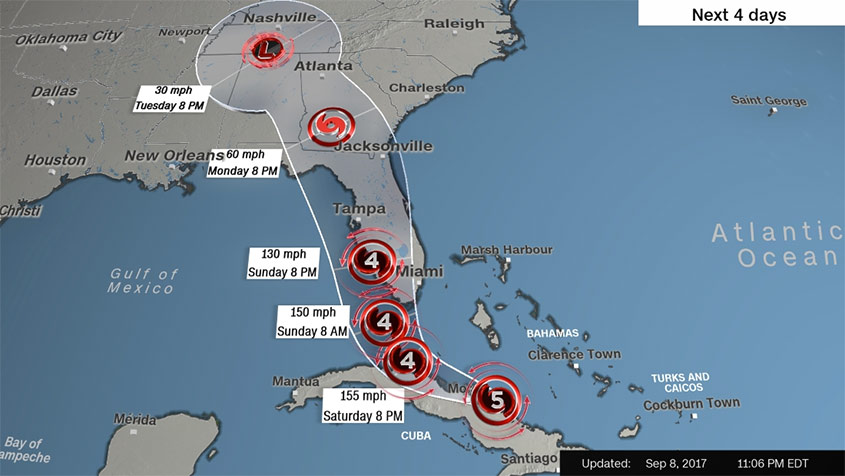 Hurricane Irma Tracking Sept 8th Evening. Image courtesy of CNN. All Rights Reserved.
